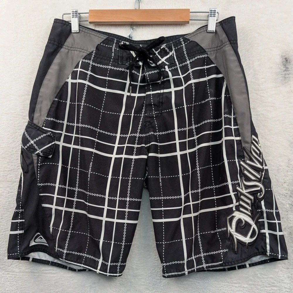 VTG Quiksilver Board Shorts Men's 35 Black Grid 11